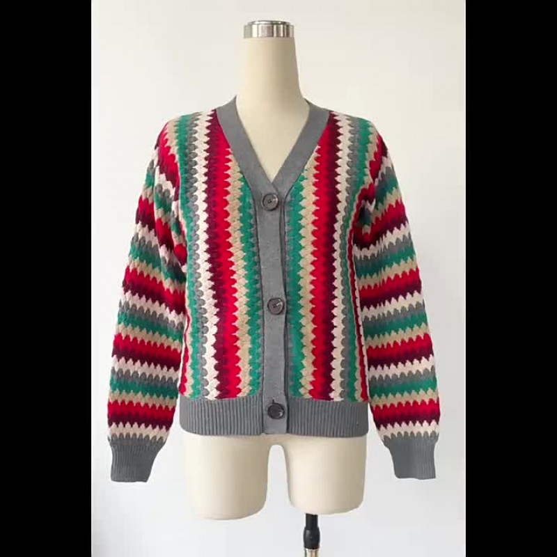 Knitted Cardigan Rainbow Colors Long Sleeves Button Relaxed Fit Spring Fall Short Outerwear For Women Casual