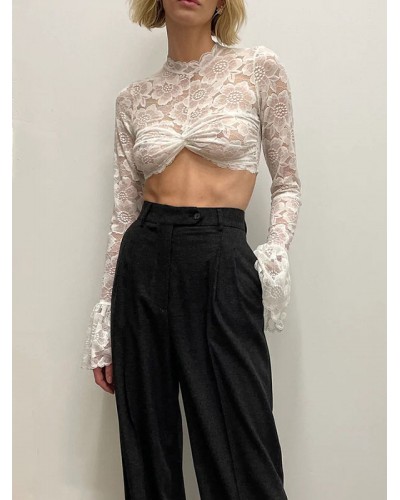 Women Crop Top Black Sheer Lace Jewel Neck Long Sleeves Tops Sexy Spring Summer Fall