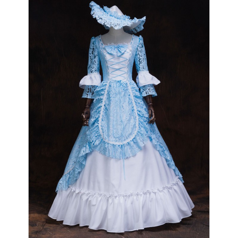 Victorian Dress Costume Women's Rococo Masquerade Ball Gowns Light Sky Blue Lace Trumpet Half Sleeves Victorian Era Clothing Retro Dress Royal Mardi Gras Halloween