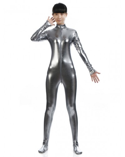 Unisex Silver Gray Adults Bodysuit Cosplay Shiny Metallic Catsuit Solid