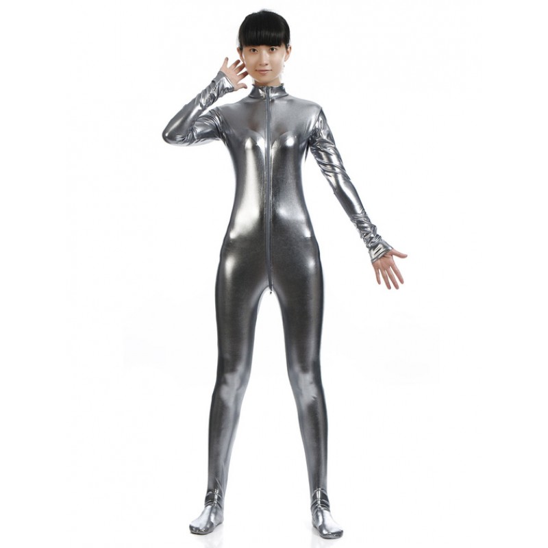 Unisex Silver Gray Adults Bodysuit Cosplay Shiny Metallic Catsuit Solid