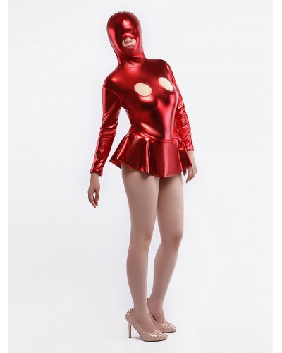 Unisex Morph Suit Red Bodysuit Miniskirt Shiny Metallic Hollow Out Catsuit Solid