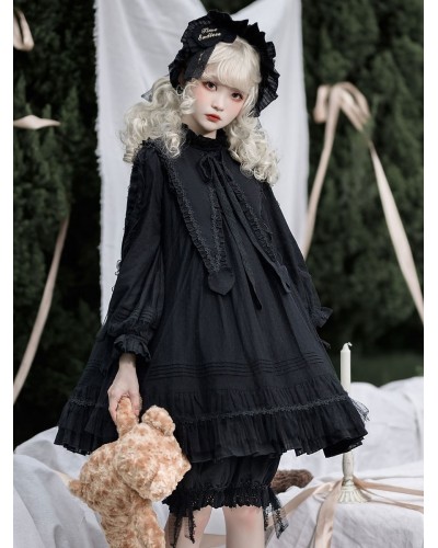 Gothic Lolita OP Dress Black Long Sleeves Lace Ruffles Polyester Lace Lolita One Piece Dress