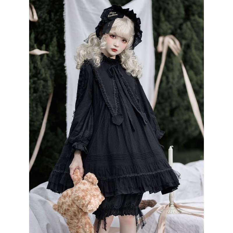 Gothic Lolita OP Dress Black Long Sleeves Lace Ruffles Polyester Lace Lolita One Piece Dress