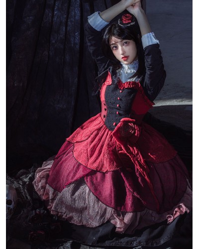 Gothic Lolita Dress 2-Piece Set Black High Collar Long Sleeves Polyester One Piece Dress Burgundy Sleeveless Ruffles Lace Jumper Skirt Lolita Dress Outfit