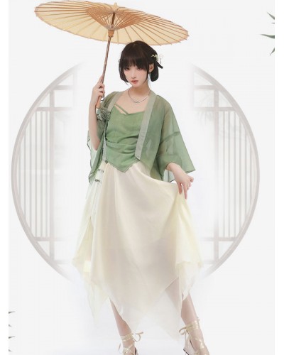 Chinese Style Lolita Outfits Green Long Sleeves Overcoat Long Skirt Top Chinese Style