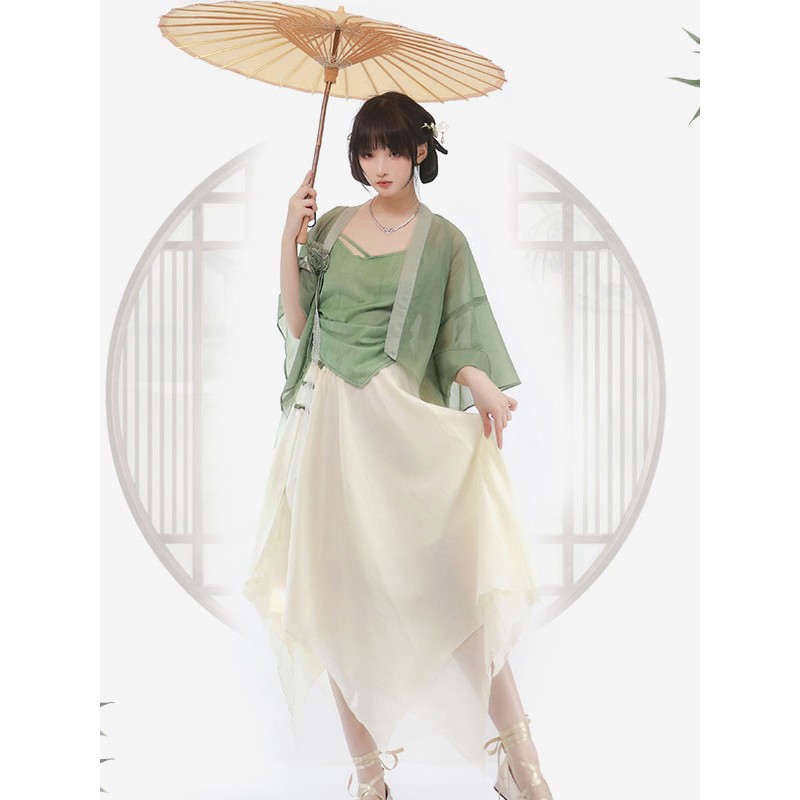 Chinese Style Lolita Outfits Green Long Sleeves Overcoat Long Skirt Top Chinese Style