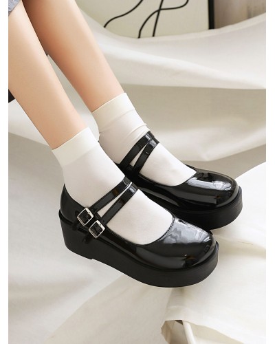 Lolita Footwear Black Round Toe Wedge Heel PU Leather Lolita Shoes Academic Daily Casual