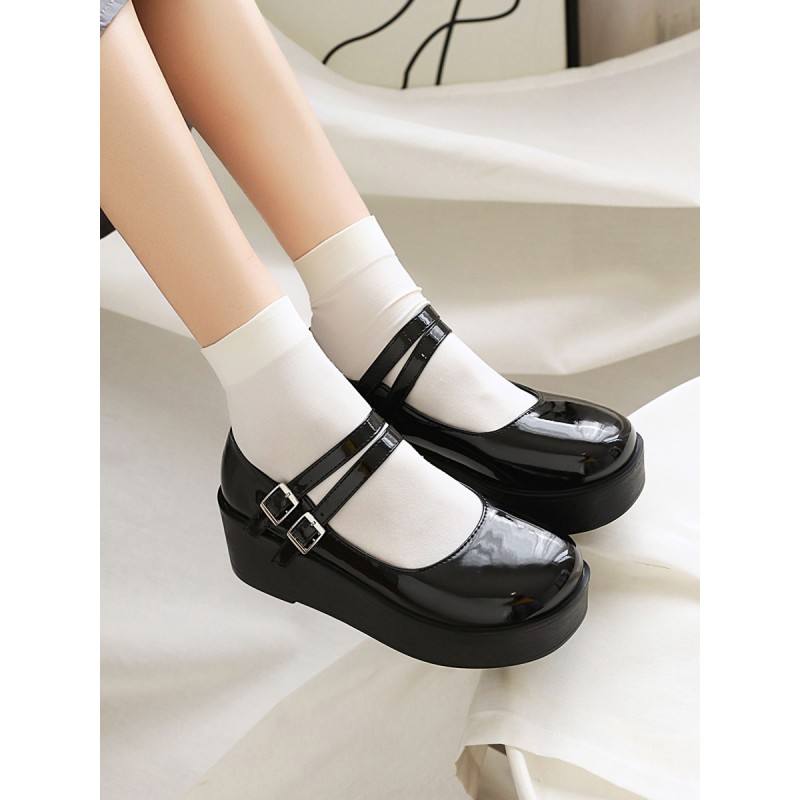 Lolita Footwear Black Round Toe Wedge Heel PU Leather Lolita Shoes Academic Daily Casual