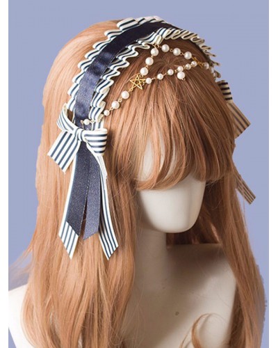 Style Lolita Blue Pearls Chains Polyester Headwear Stripes Miscellaneous Accessories Sweet Navy Style ROCOCO Daily Casual Tea Party