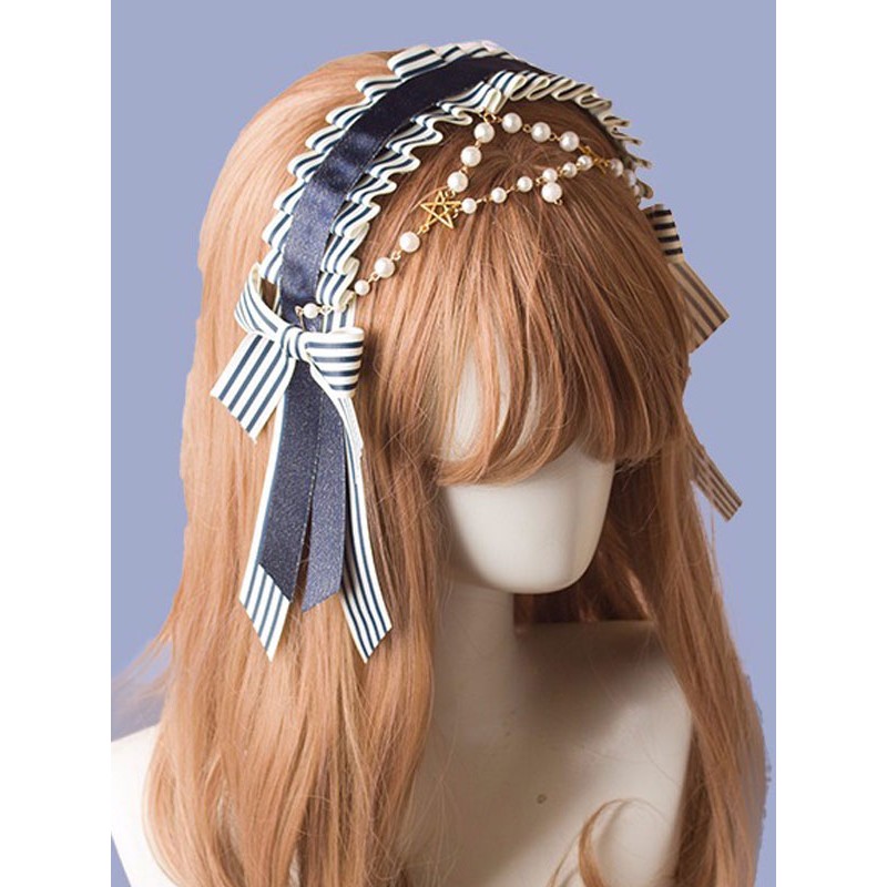 Style Lolita Blue Pearls Chains Polyester Headwear Stripes Miscellaneous Accessories Sweet Navy Style ROCOCO Daily Casual Tea Party