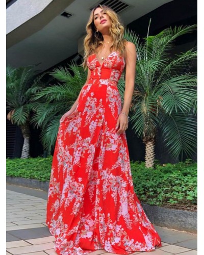 Women Red Maxi Dresses Floral Print V-Neck Backless Floor Length Summer Dress