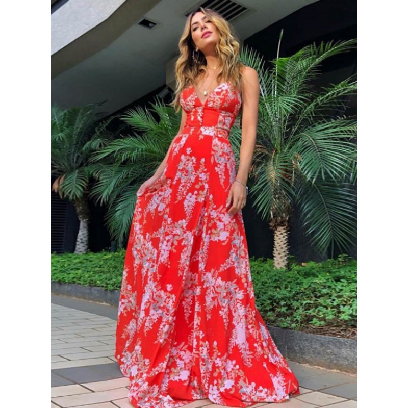 Women Red Maxi Dresses Floral Print V-Neck Backless Floor Length Summer Dress