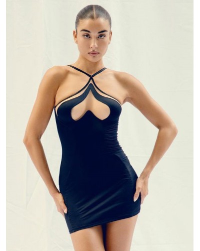 Women Dresses Black Straps Neck Cut Out Backless Sexy Sleeveless Pencil Dress Bodycon Summer