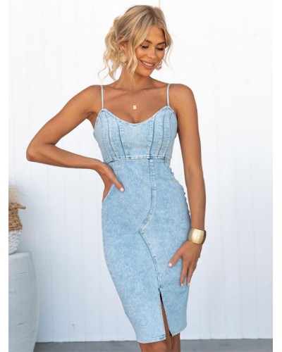 Women Bodycon Dresses Baby Blue Straps Neck Split Front Low-slit Casual Sleeveless Pencil Dress Summer Street Wear Daily Casual