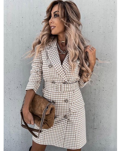 Women Plaid Blazer Jacket Turndown Collar Double Breasted Outerwear Tailored Jacket Fall Winter Street Wear Daily Casual