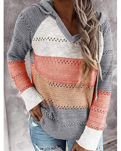 Women Pullover Sweater Grey Hooded Long Sleeves Drawstring Sweaters Casual Spring Fall Winter