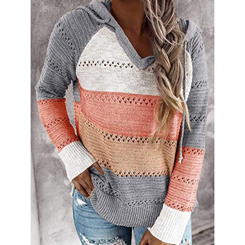 Women Pullover Sweater Grey Hooded Long Sleeves Drawstring Sweaters Casual Spring Fall Winter