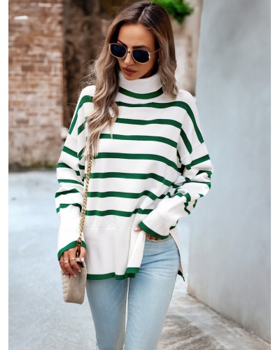 Women Pullover Sweater Green Split Front Stripes High Collar Long Sleeves Acrylic Sweaters Chic  Modern Casual Street Wear Daily Casual