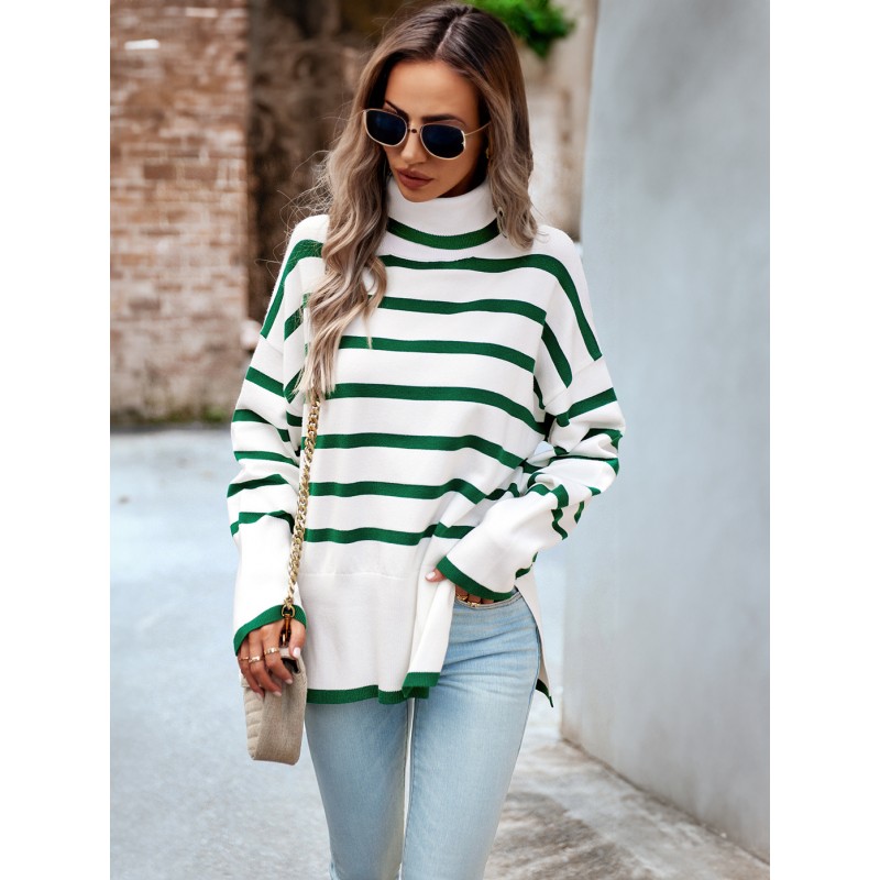 Women Pullover Sweater Green Split Front Stripes High Collar Long Sleeves Acrylic Sweaters Chic  Modern Casual Street Wear Daily Casual