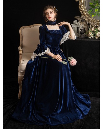 Women Victorian Dress Costumes 's Velour Dark Navy Short Sleeves Square Neckline Lace Ruffle With Choker Victorian Era Clothing Costumes Carnival Sets ROCOCO