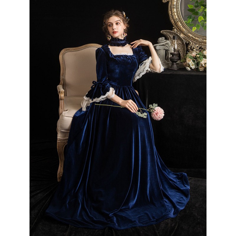 Women Victorian Dress Costumes 's Velour Dark Navy Short Sleeves Square Neckline Lace Ruffle With Choker Victorian Era Clothing Costumes Carnival Sets ROCOCO