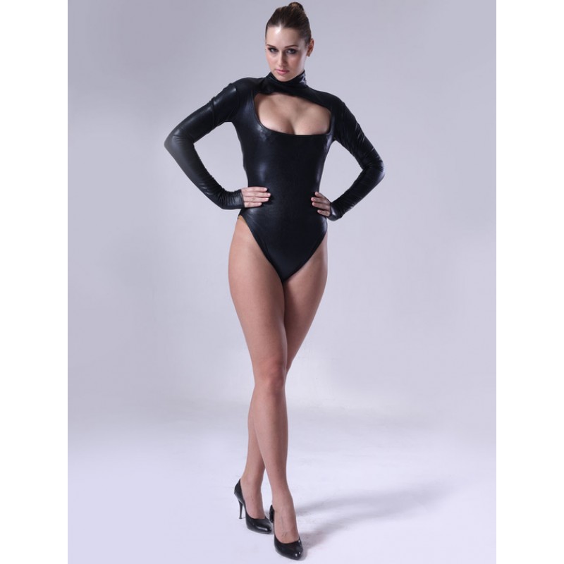 Women Sexy Black Bodysuit Shiny Metallic Fabric Leotard Hallow Bust Style Solid