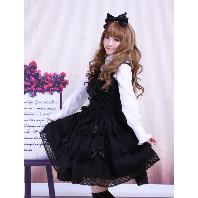 Cotton Black Sleeveless Gothic Lolita Dress Fall Tea Party