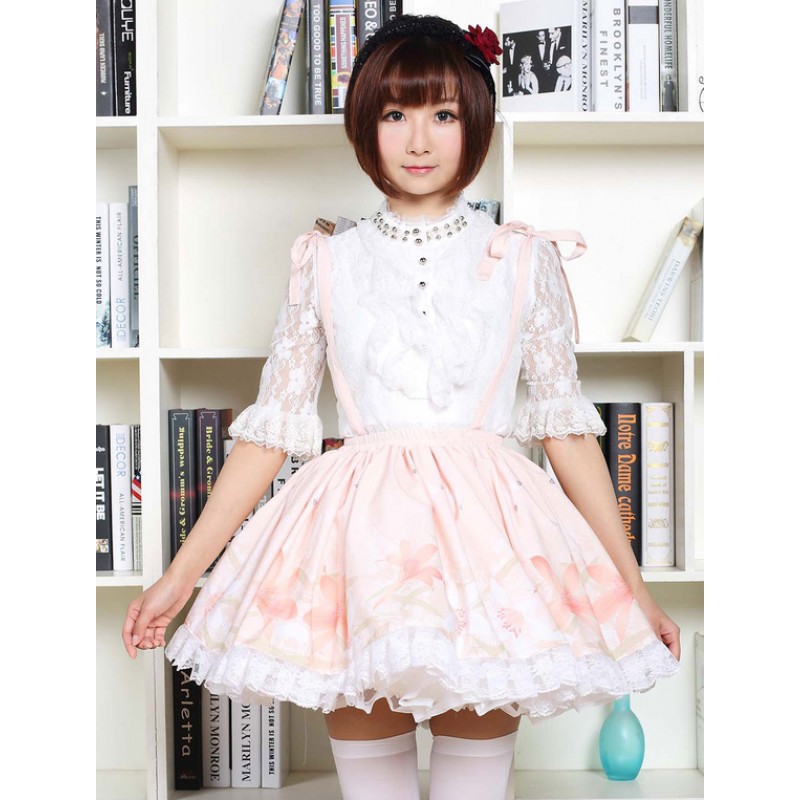 Cute Lolita Dress Pink Flower Printed Qi Lolita Lace Trim Skirt With Suspender Sweet Summer Daily Casual