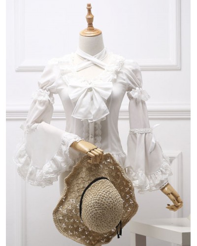 Classic Lolita Blouse Royal Fairytale Lace Bow Ruffle Chiffon White Lolita Shirt Spring Fall