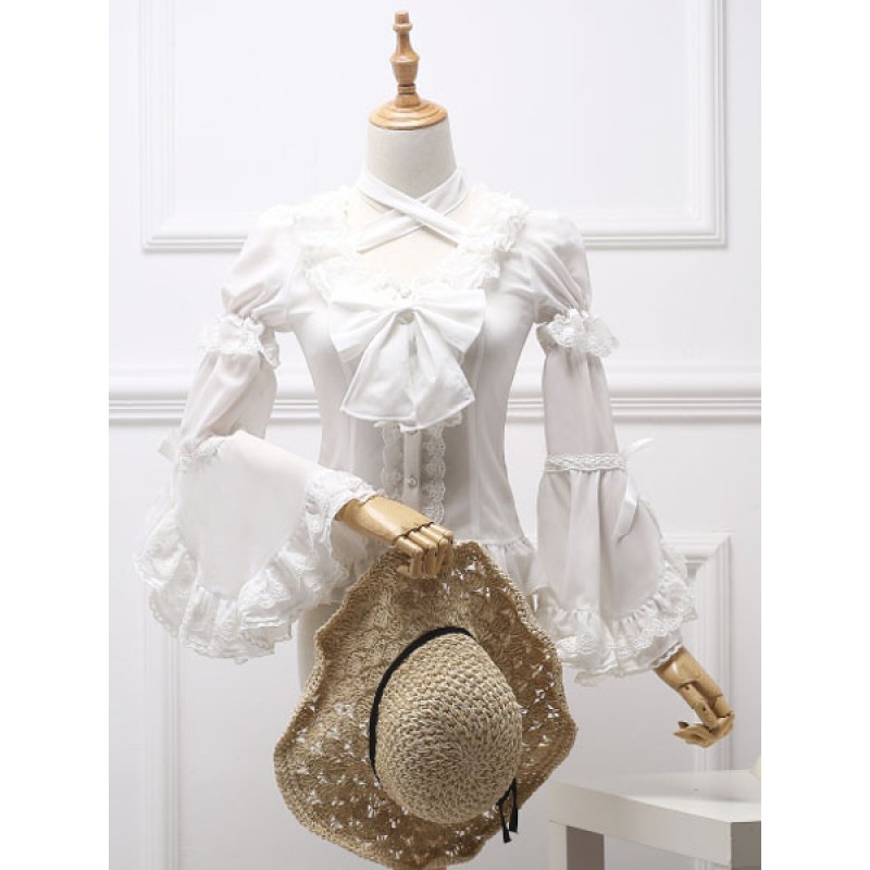 Classic Lolita Blouse Royal Fairytale Lace Bow Ruffle Chiffon White Lolita Shirt Spring Fall