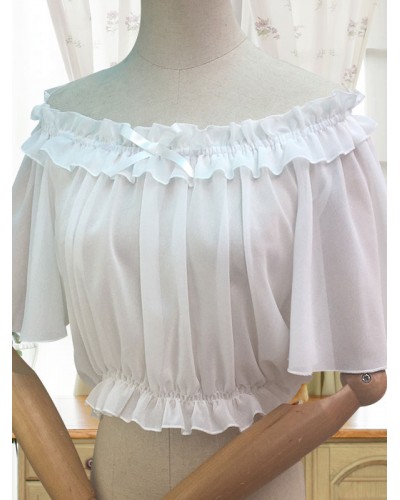 Sweet Lolita Blouse Ruffle Bow White Chiffon Lolita Top Spring Fall