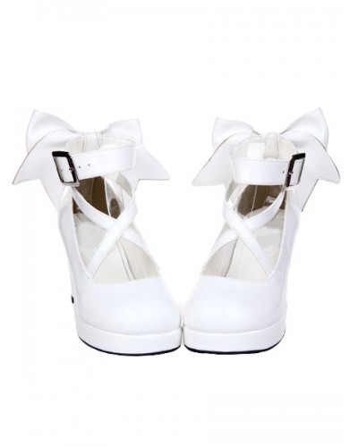 White Chunky High Heels Lolita Shoes Ankle Strap Bow Decor