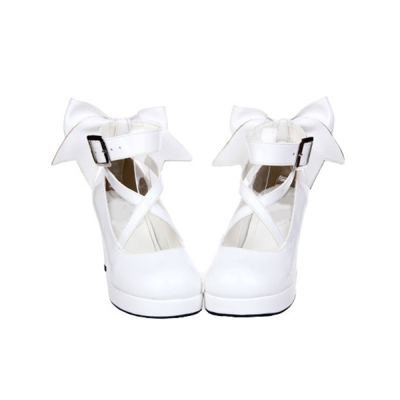 White Chunky High Heels Lolita Shoes Ankle Strap Bow Decor