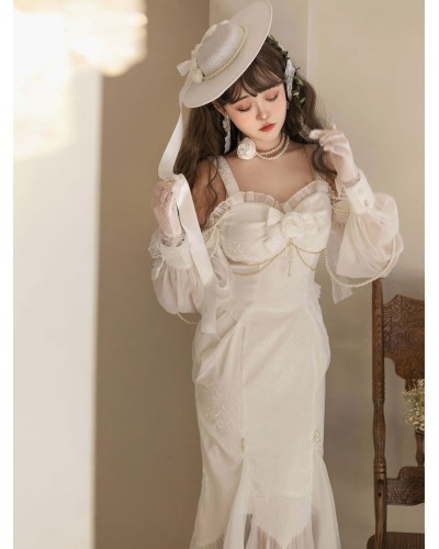 Chinese Style Lolita Hat Bows Pearls Accessory Woven Cotton Linen White Lolita Accessories Chinese Style