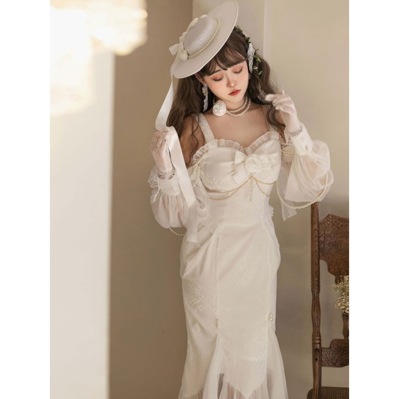 Chinese Style Lolita Hat Bows Pearls Accessory Woven Cotton Linen White Lolita Accessories Chinese Style