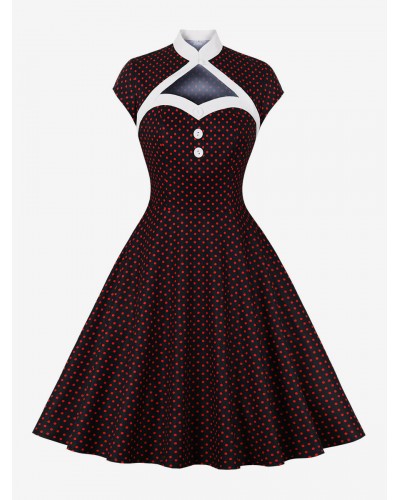 Women Retro Dress 1950s Audrey Hepburn Style Black Polka Dot Woman's Buttons Short Sleeves Swing Dress Bodycon Daily Casual