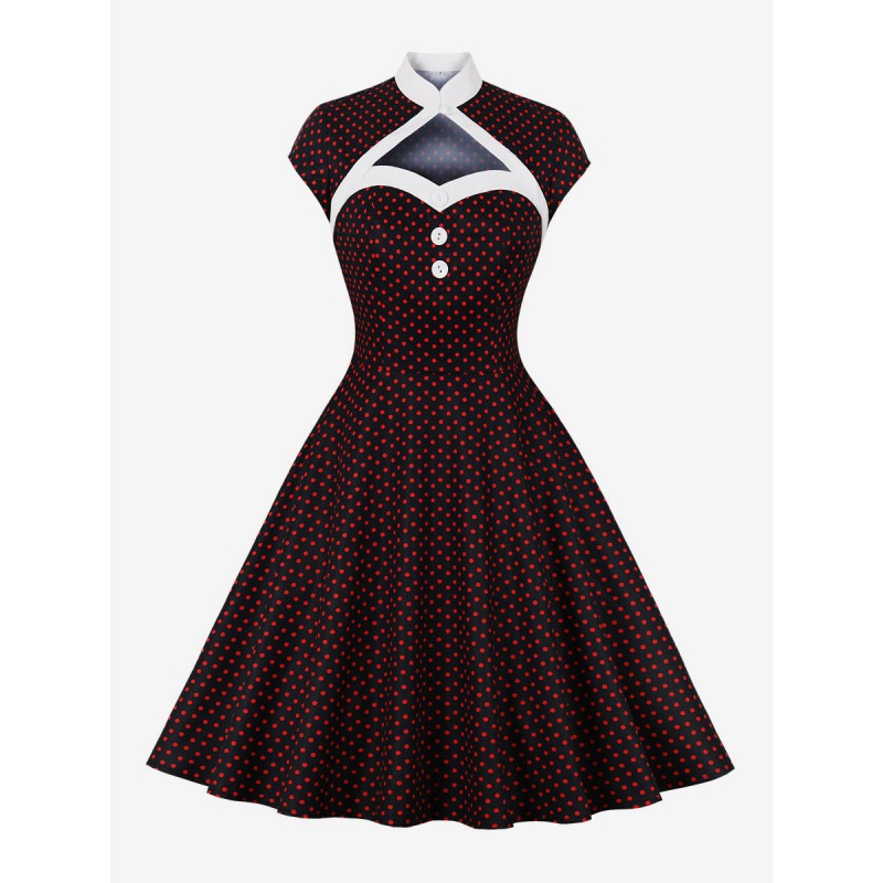 Women Retro Dress 1950s Audrey Hepburn Style Black Polka Dot Woman's Buttons Short Sleeves Swing Dress Bodycon Daily Casual