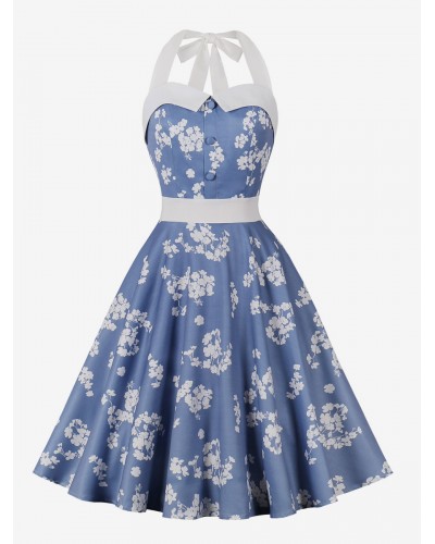 Women Retro Dress Baby Blue Floral Print 1950s Audrey Hepburn Style Sleeveless Halter Rockabilly Dress Bodycon Daily Casual Field Party