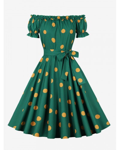 Vintage Dress 1950s Audrey Hepburn Style Green Polka Dot Open Shoulder Sash Short Sleeves Bateau Neck Knee Length Swing Dress Bodycon Chic  Modern Casual Spring Summer Fall