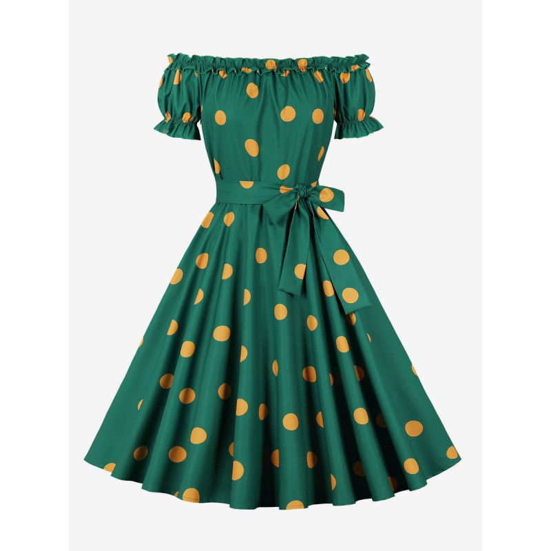 Vintage Dress 1950s Audrey Hepburn Style Green Polka Dot Open Shoulder Sash Short Sleeves Bateau Neck Knee Length Swing Dress Bodycon Chic  Modern Casual Spring Summer Fall