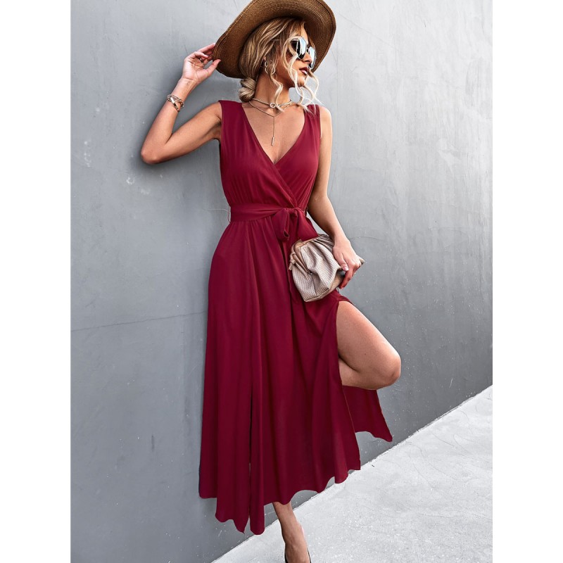 Women Maxi Dress V-Neck Sleeveless Long Dress Simple Summer