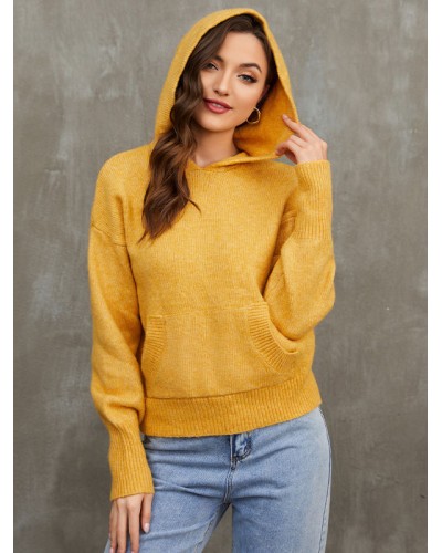 Women Pullover Sweater Gold Hooded Long Sleeves Acrylic Sweaters Casual Spring Fall Winter