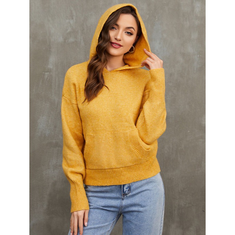 Women Pullover Sweater Gold Hooded Long Sleeves Acrylic Sweaters Casual Spring Fall Winter