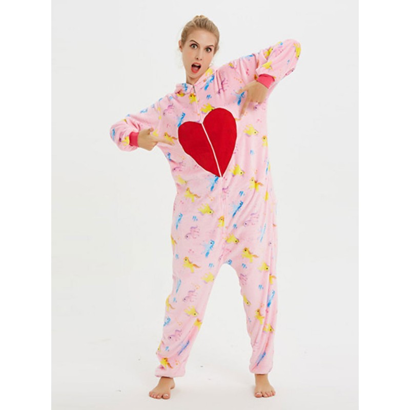 Women Pajamas Kigurumi Onesie For Adult Pink Heart Pattern Polyester Kigurumi Costumes