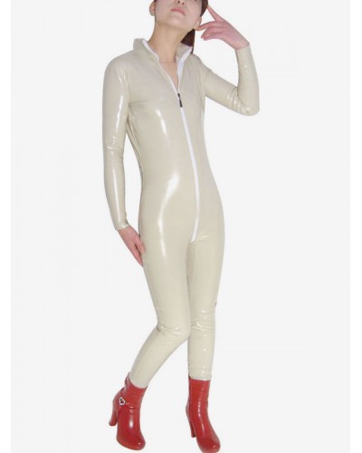 Unisex Halloween Ivory PVC Shiny Metallic Catsuit With Zipper Solid