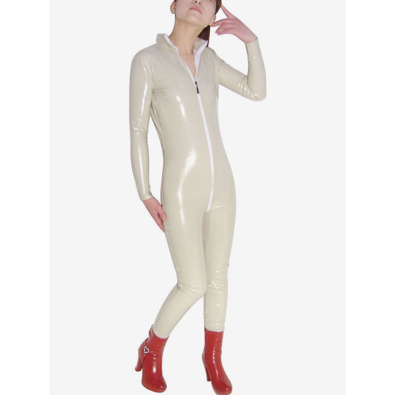 Unisex Halloween Ivory PVC Shiny Metallic Catsuit With Zipper Solid