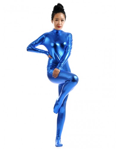 Women Royal Blue Adults Bodysuit Cosplay Jumpsuit Shiny Metallic Catsuit Solid