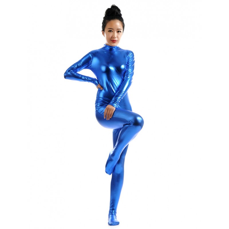 Women Royal Blue Adults Bodysuit Cosplay Jumpsuit Shiny Metallic Catsuit Solid