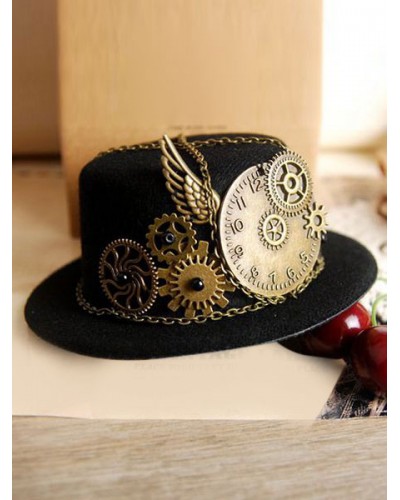 Vintage Lolita Hat Black Wing Gear Chains Deco Retro Lolita Cap CapsHats Steampunk Daily Casual